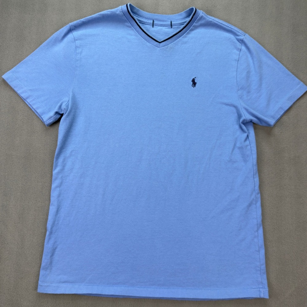 Polo Ralph‎ Lauren Mens V-Neck T-Shirt Light Blue Short Sleeve Pony Logo Top